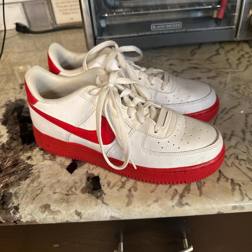 White and Red Sneakers with Chunky Sole and Breathable Upper